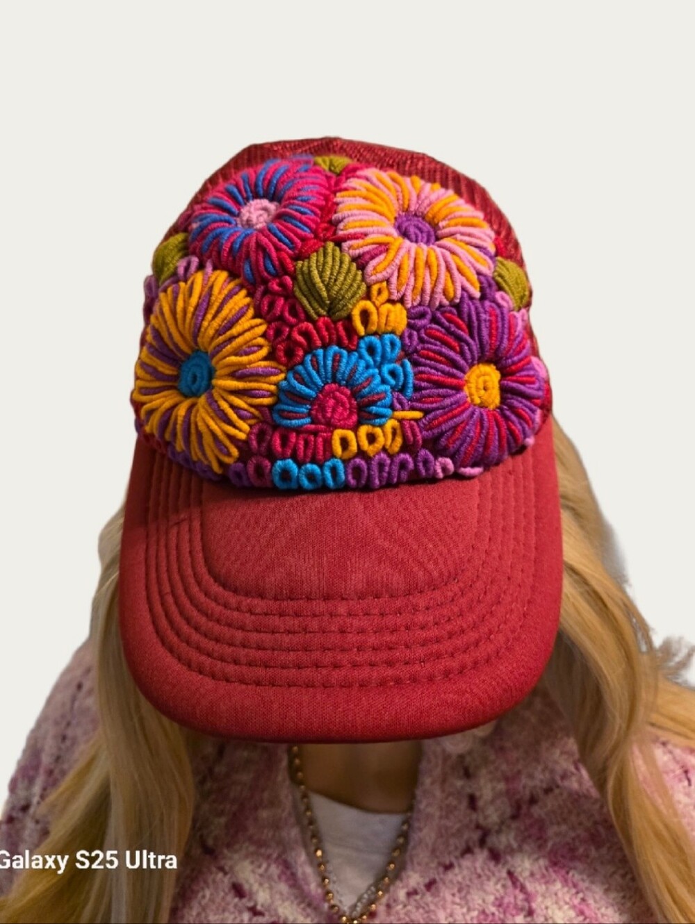 Embroidered Floral Red Baseball Cap